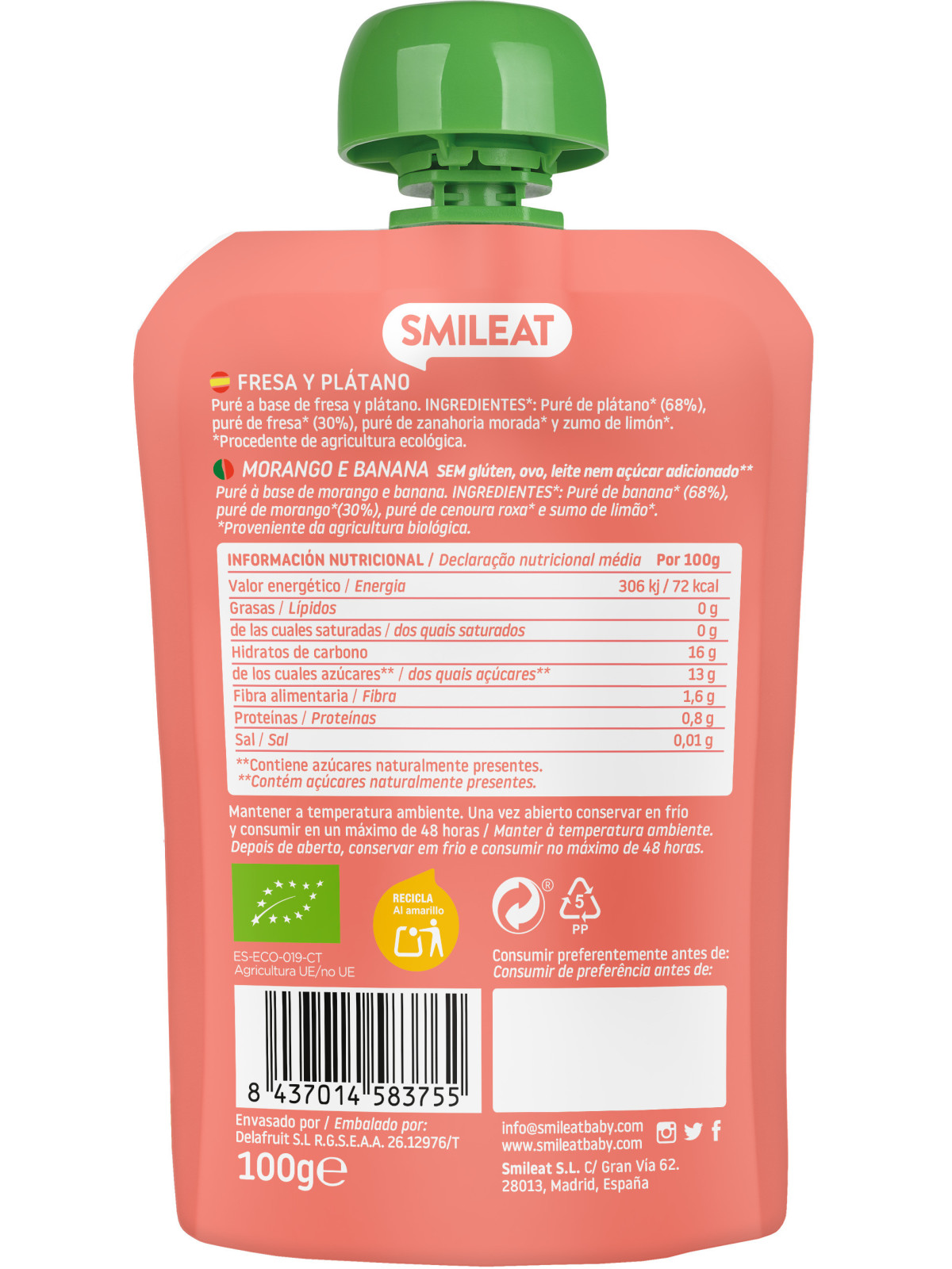 Smileat ecológico pouch fresa y plátano 100 g – snack bebé