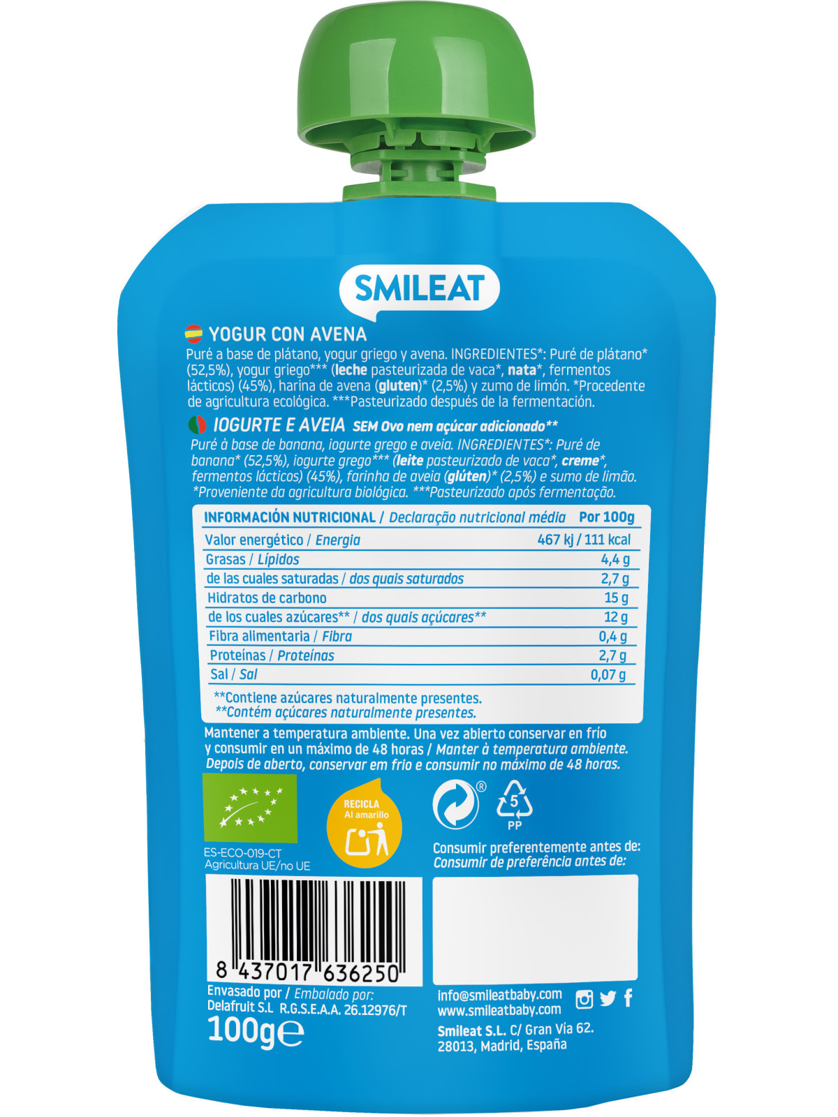 Smileat ecológico pouch yogur y avena 100 g – snack bebé