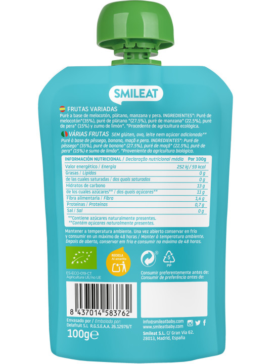 Smileat ecológico pouch frutas variadas 100 g – snack bebé