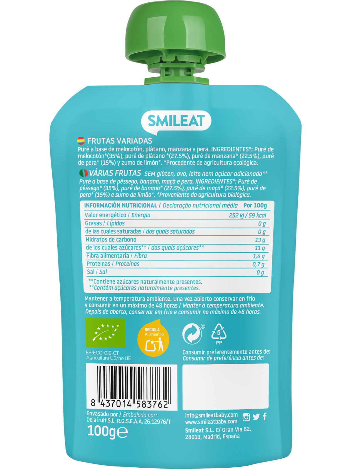 Smileat ecológico pouch frutas variadas 100 g – snack bebé
