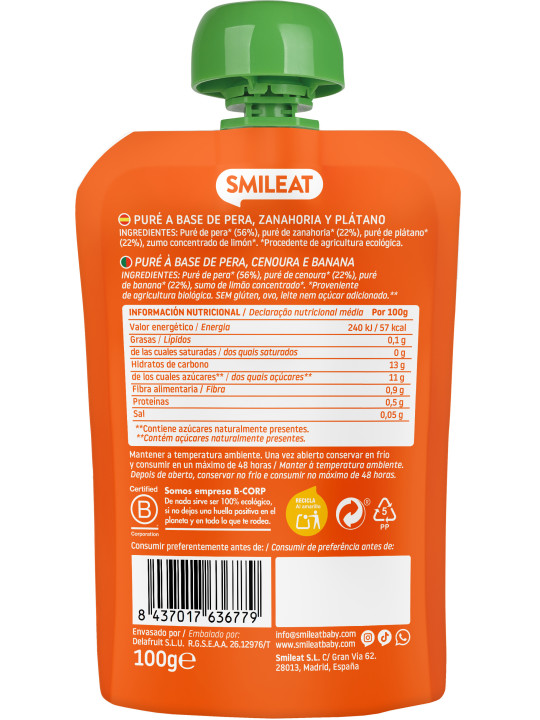 Smileat ecológico pouch zanahoria, pera y plátano 100 g – snack bebé