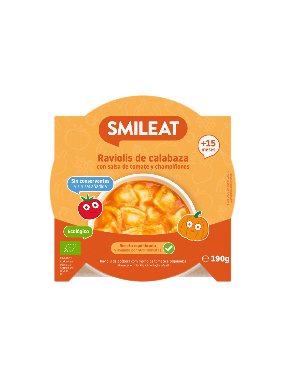 SMILEAT RAVIOLIS DE CALABAZA CON SALSA DE TOMATE Y CHAMPIÑONES 190 G