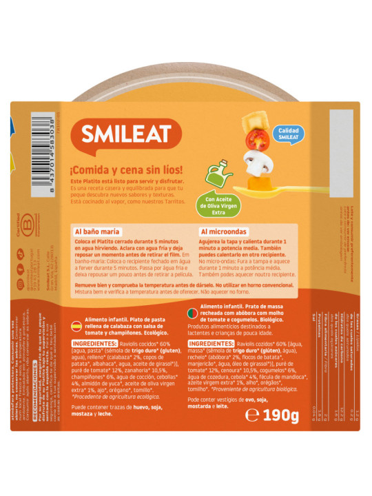 SMILEAT RAVIOLIS DE CALABAZA CON SALSA DE TOMATE Y CHAMPIÑONES 190 G