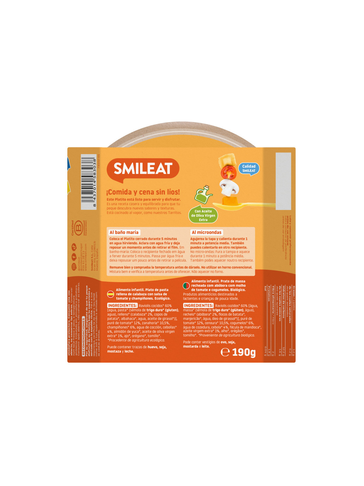 SMILEAT RAVIOLIS DE CALABAZA CON SALSA DE TOMATE Y CHAMPIÑONES 190 G